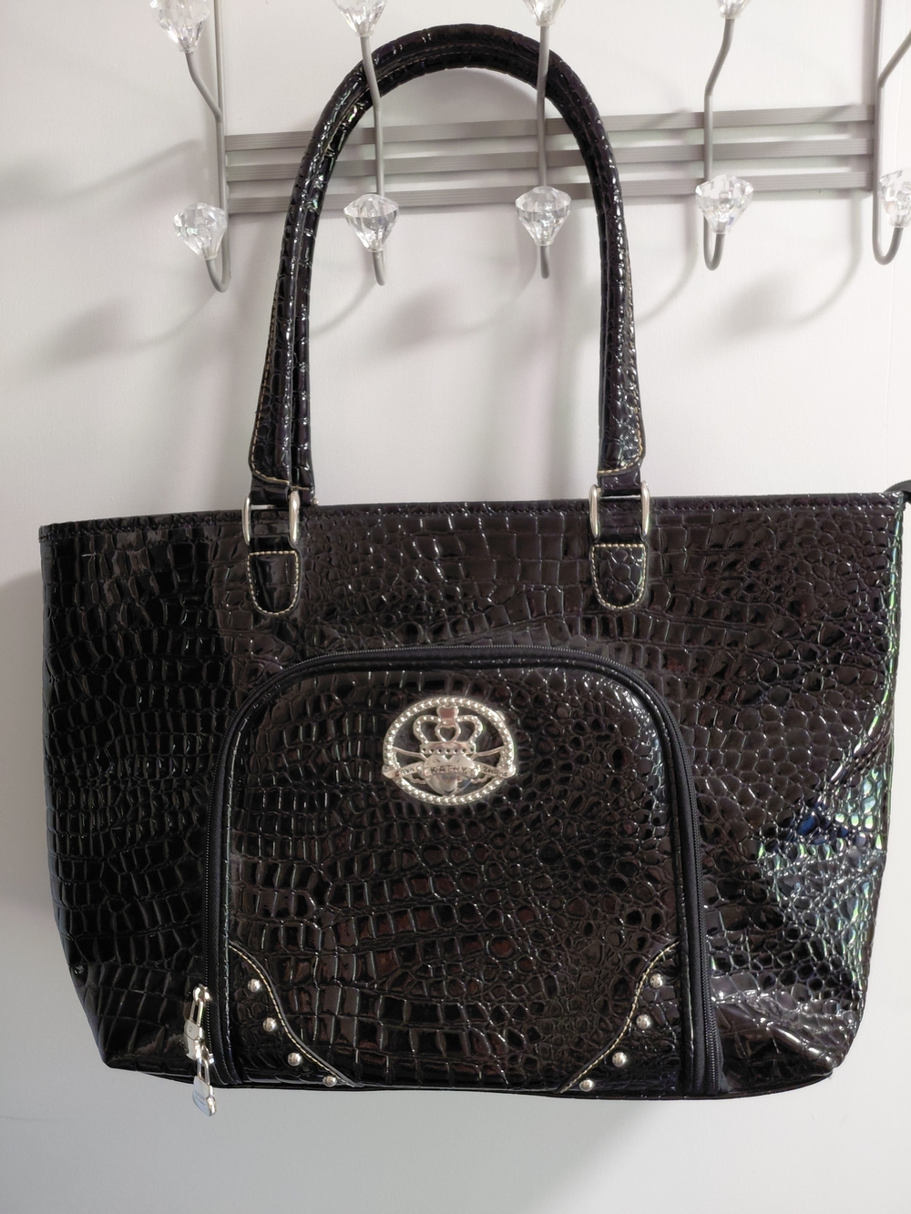 Kathy Van Zeeland Black Croc-Embossed Tote Carryon Weekender Front Zip Pocket